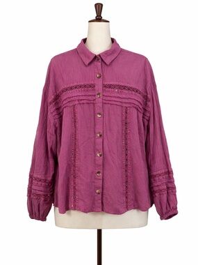 Free People Pink Boho Blouse Large Button Front Lace Detail Top